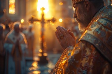Exaltation of the Cross (Orthodox Christian). A close-up shot of hands clasped in prayer in front of a cross, highlighting the personal.