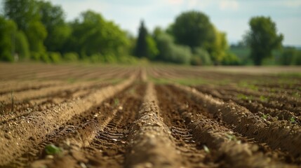 Selective blur on furrows in an agricultural landscape near a farm, depicting a plowed field in the countryside of Titelski, Serbia, Voivodina.