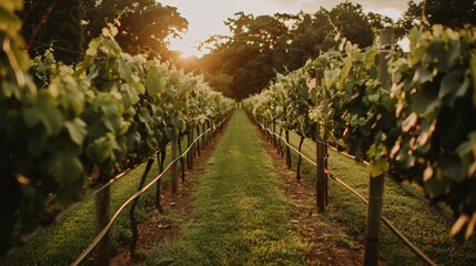 Naklejka premium A lush, green field lined with trees on both sides and bordered by a row of trees beyond