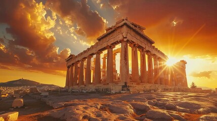 Obraz premium The ruins of an ancient Greek temple, the Parthenon, situated on the Acropolis in Athens, Greece, illuminated by a beautiful sunset.