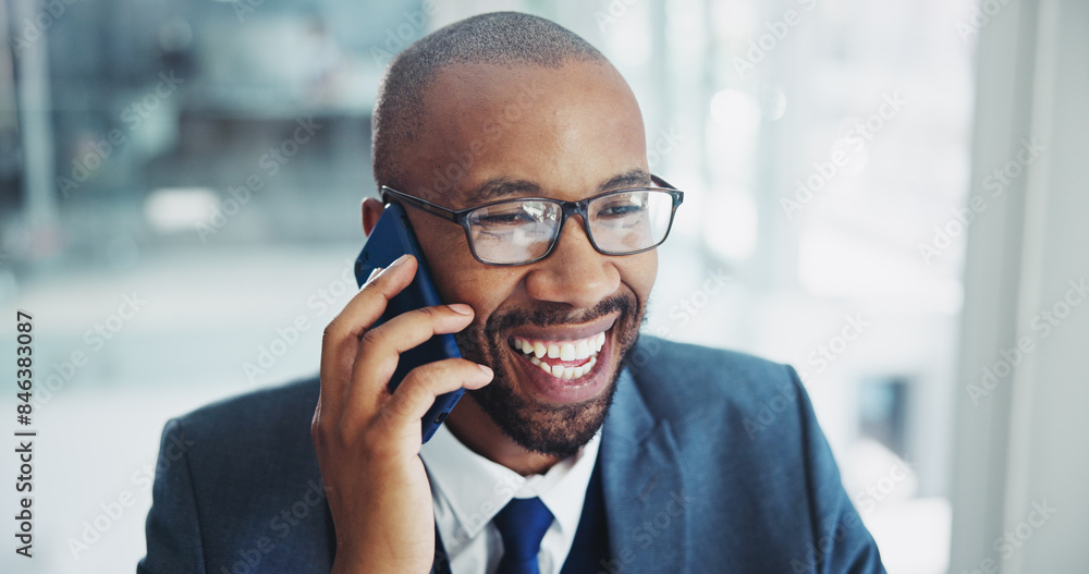 Poster Happy black man, accountant and discussion with phone call for business chat or proposal at office. Young African or financial employee with smile on mobile smartphone for conversation at workplace