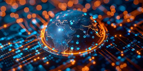 Earth globe with Saudi Arabia map, telecommunication and data transfer networks with global internet and artificial intelligence connectivity for communication technology