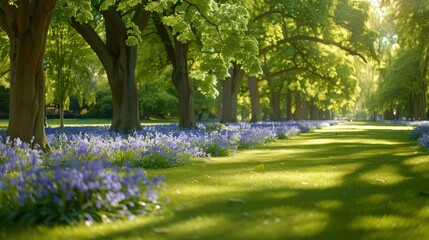 Obraz premium A lush green field teeming with blue flowers borders a dense, verdant forest brimming with trees and sun-kissed grass under a radiant, sunlit sky