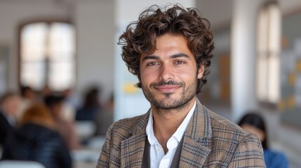 Fototapeta premium Confident man with curly hair wearing a plaid blazer, smiling in a bright office environment, representing professional success and positivity.