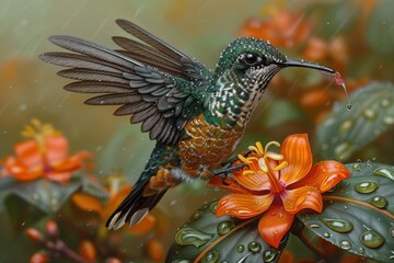 Obraz premium Close-up of a hummingbird hovering near a vibrant orange flower with dewdrops, showcasing nature's beauty and detail.