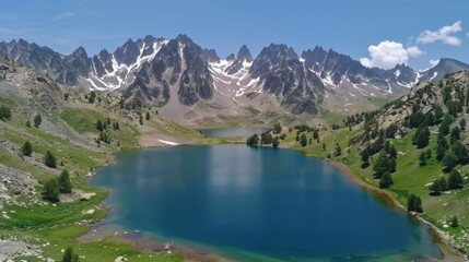  A mountain range with a blue lake surrounded by green grass In the distance, another mountain range with snow-capped peaks