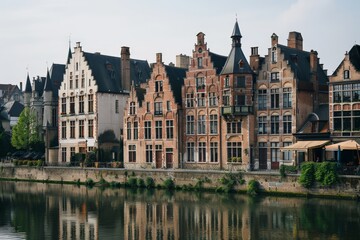 Naklejka premium Elegant riverside buildings with traditional European architecture reflecting in the calm water