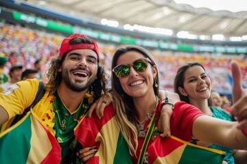 Group of happy young adults taking a selfie at a sports event, showing their support and excitement
