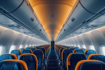 Fototapeta premium Empty commercial airplane cabin with blue and yellow seats, illuminated orange ambient lighting, captured symmetrically from the aisle.