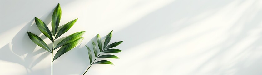 Obraz premium Minimalist image of two green leaves casting shadows on a white background, creating a calm and serene botanical scene.