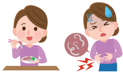 刺身についたアニサキスを食べて腹痛に苦しむ女性　イラスト