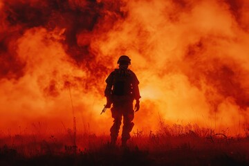 Silhouette of a soldier walking through thick smoke from an explosion, creating a dramatic and intense battlefield scene.