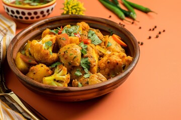 Exquisite Gourmet Aloo Gobi Dish on Vibrant Orange Background