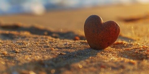 Fototapeta premium A heart-shaped stone rests on a sandy beach with a scenic sunset in the background, symbolizing love, serenity, and the timeless beauty of nature by the sea.