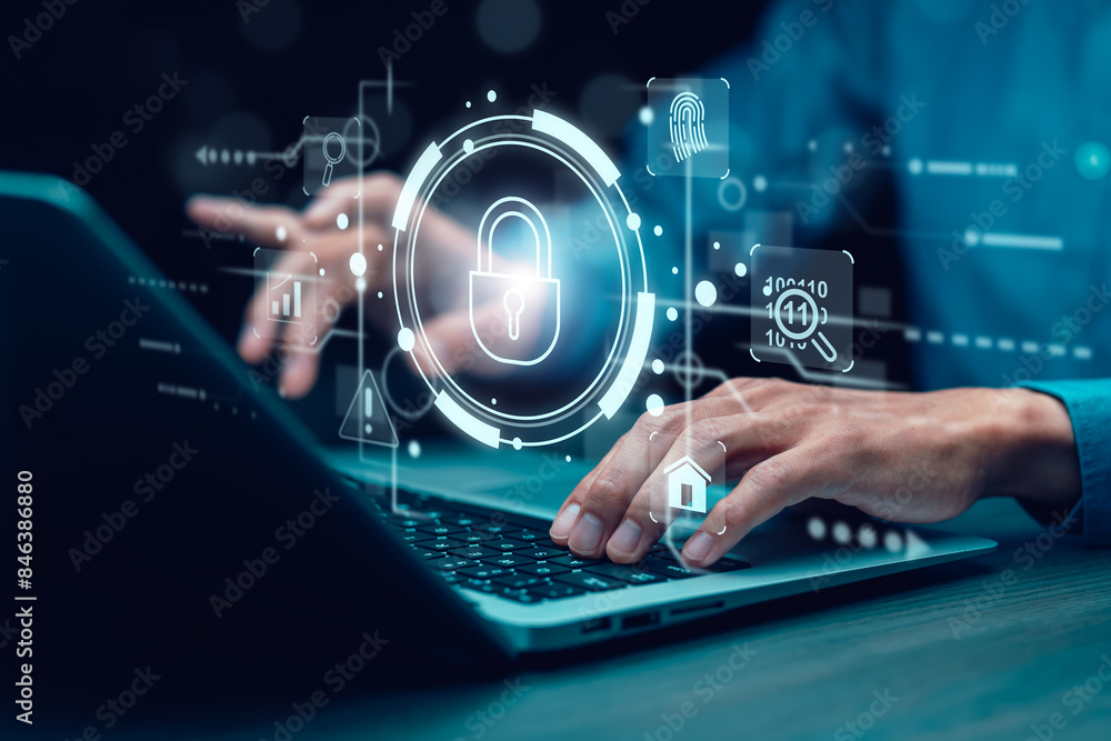 Poster cyber security and security password login online concept hands typing and entering username and pas