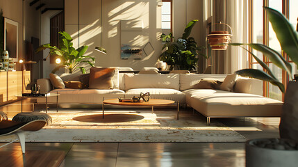 A well-lit modern living room with sleek decor and an abundance of natural light, captured in high definition