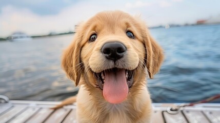  A close-up of a dog on a boat with its tongue hanging out