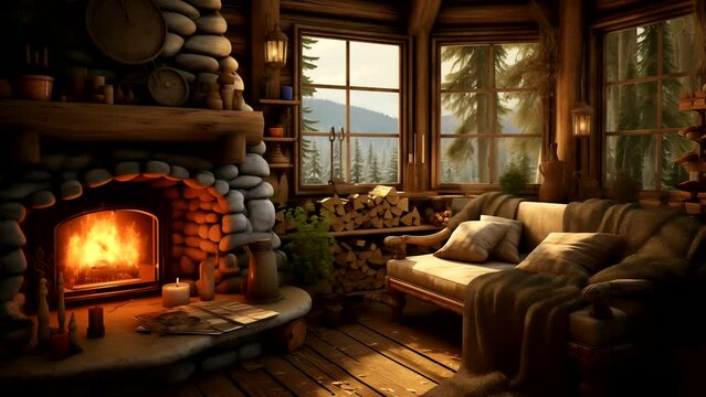 Fireplace inside the log cabin with sofa and cozy resting place. looping time-lapse video