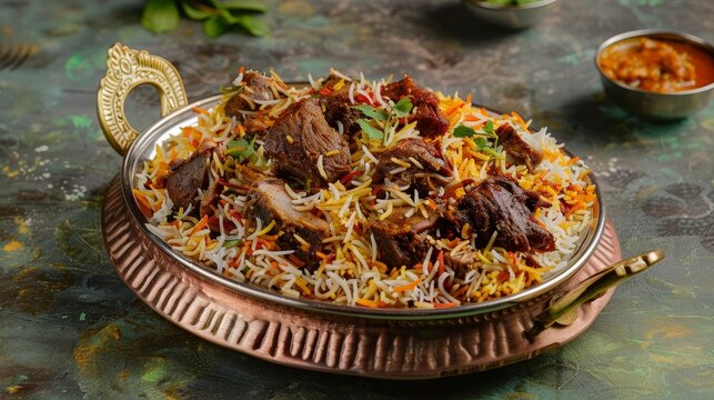 Exquisite Mutton Biryani on Olive Green Background - Rich and Flavorful Indian Rice Dish