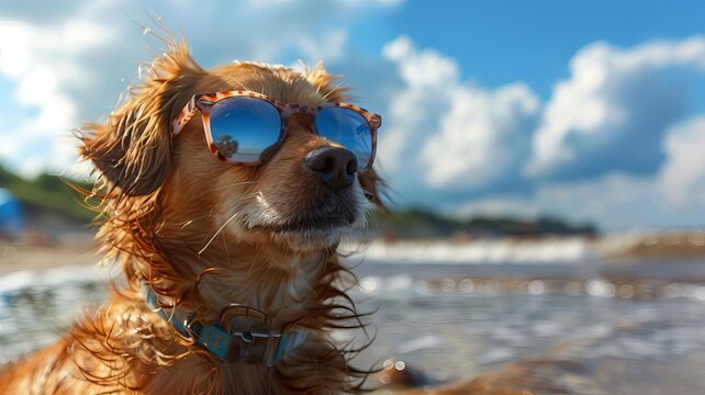 Long shot of a dog wearing sunglasses on a sunny beach, social media star, vibrant colors, watercolor effect, playful and engaging, capturing digital fame and followers attention