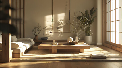 A warm and inviting minimalist interior featuring natural materials and simple furnishings, captured in high-definition quality