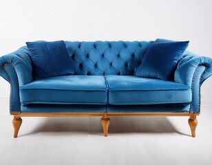 Fototapeta premium Blue velvet couch on wood legs white background Luxury stylish single furniture piece Interior design item