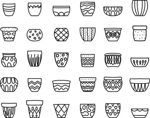 Set of various black and white hand-drawn plant pot designs. Simple doodle outline illustrations on a white background.