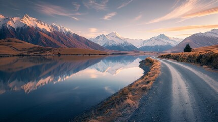 tranquil lake with a winding road leading towards a majestic mountain range at sunset