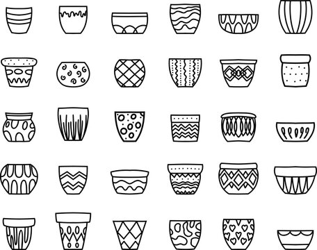 Set of various black and white hand-drawn plant pot designs. Simple doodle outline illustrations on a white background.