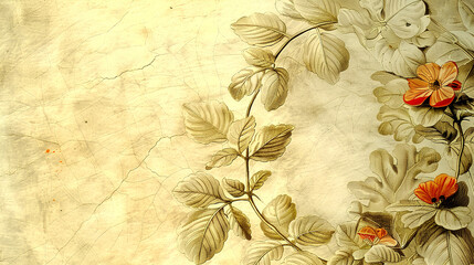 Antique Botanical Art with Cream Background and Red Flowers, Delicate Floral Illustration