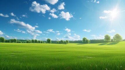 Fototapeta premium vibrant blue sky with fluffy white clouds, sunbeams piercing through the clouds, casting long shadows on a lush green meadow.