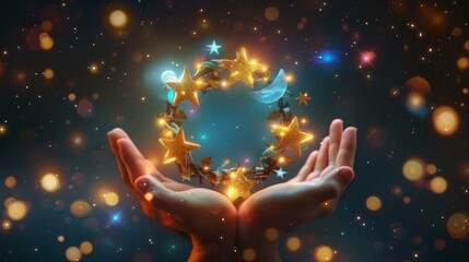 Fantasy glowing star and moon garland held by hands against a black background with vibrant stars shining brightly in the sky, animated energy and soft glow effect in fluorescent yellow color scheme, 