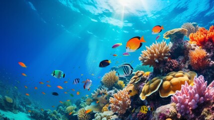 Fototapeta premium Photograph of a vibrant coral reef teeming with colorful fish