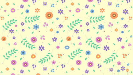 A flat-style vector illustration of a seamless floral pattern with confetti. Colorful flowers for decoration.