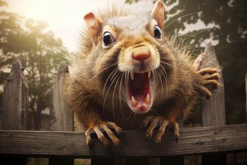 Rabid squirrel on a backyard fence, looking erratic and unpredictable, its fur ruffled and eyes darting wildly, a disturbing sight in a peaceful setting 