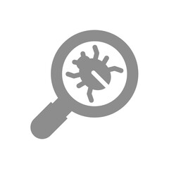 Bug fixing and identifying vector icon. Bug tracking with magnifying glass symbol.