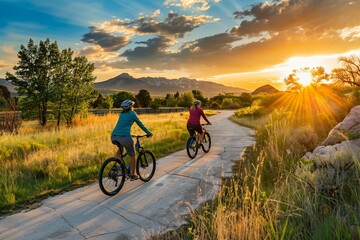 people riding bikes along scenic trails sunset