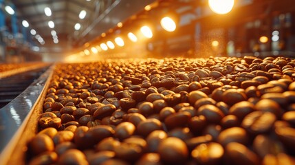 Fototapeta premium Heat and steam rising from coffee beans during the roasting process at a modern factory, capturing the transformation