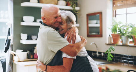 Kitchen, hug and senior couple in home for love, bonding relationship and commitment together. Marriage, happy and elderly man and woman cooking together for wellness, meal prep and health in house