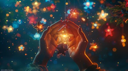 Fantasy glowing star and moon garland held by hands against a black background with vibrant stars shining brightly in the sky, animated energy and soft glow effect in fluorescent yellow color scheme, 