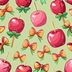 Seamless pattern of enchanted candy apples with magical ribbons and bows, Generative AI