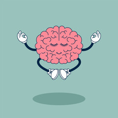 Happy Human Brain. Mental Calm, Yoga, Relaxation, Meditation, Kawaii Vector Illustration