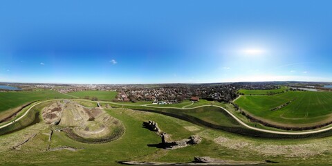 Aerial 360 degree spherical panorama photo of the ruins of Sandal Castle in Wakefield, West Yorkshire in the UK, this old Castle is near a small town and it also near to farmers field of each side