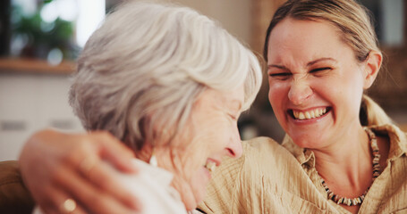 Happy, sofa and senior mother with daughter laughing together for bonding, relationship and love....