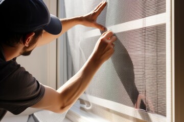 Obraz premium A person installing a mesh screen on a window frame 