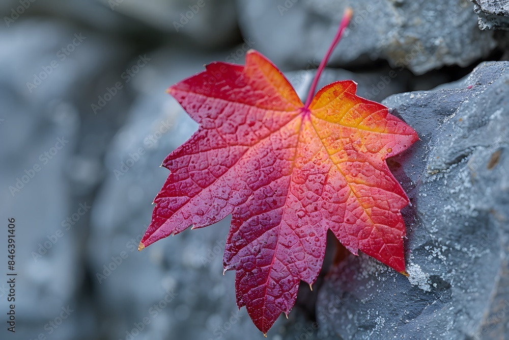 Wall mural vibrant red autumn maple leaf with dew drops against rock background nature photography for seasonal