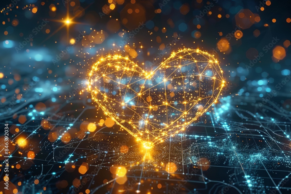 Poster heart shape formed by interconnected glowing points in a dark setting, symbolizing connection and te