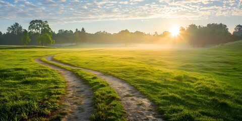 Fototapeta premium A long, winding road runs through a lush green field