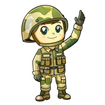 recommend clip art: Cartoon soldier in uniform with American flag patch on transparent background clipart