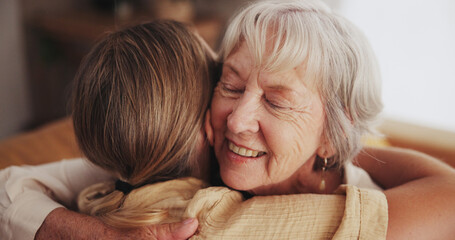Woman, love and hug senior mom in home for mothers day, bonding and visit in retirement with care...